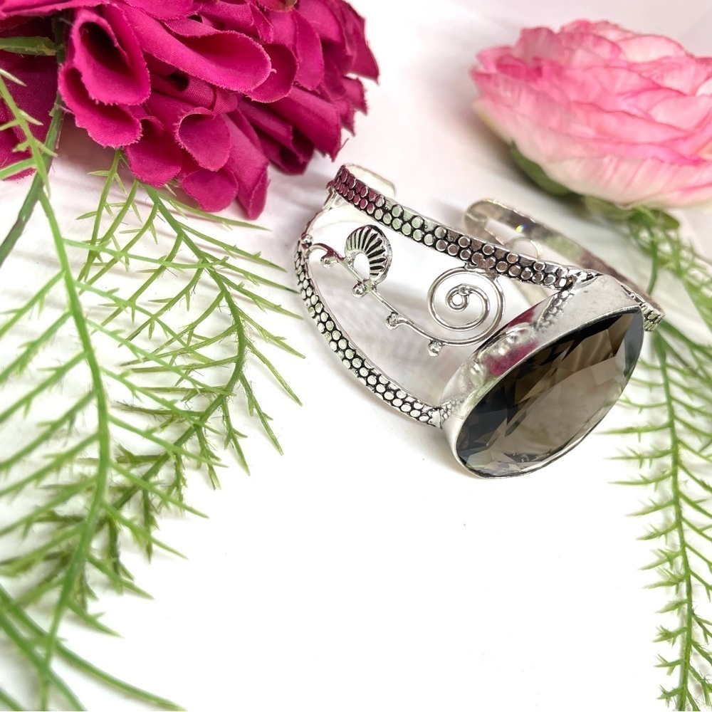 NEW⚜️STERLING SILVER Smoky Quartz Ornate Cuff Bracelet - Picture 3 of 9